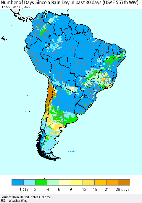 South America Number of Days Since a Rain Day in past 30 days (USAF 557th WW) Thematic Map For 3/6/2022 - 3/10/2022