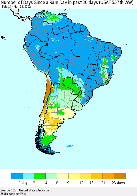 South America Number of Days Since a Rain Day in past 30 days (USAF 557th WW) Thematic Map For 3/11/2022 - 3/15/2022