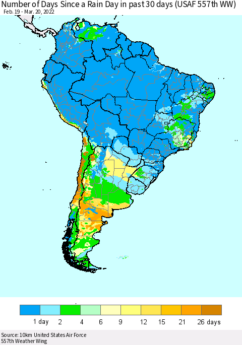 South America Number of Days Since a Rain Day in past 30 days (USAF 557th WW) Thematic Map For 3/16/2022 - 3/20/2022