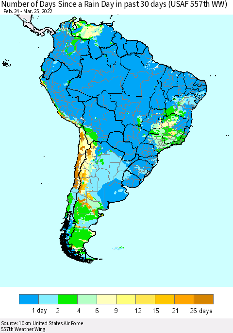 South America Number of Days Since a Rain Day in past 30 days (USAF 557th WW) Thematic Map For 3/21/2022 - 3/25/2022