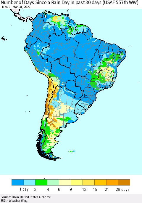 South America Number of Days Since a Rain Day in past 30 days (USAF 557th WW) Thematic Map For 3/26/2022 - 3/31/2022