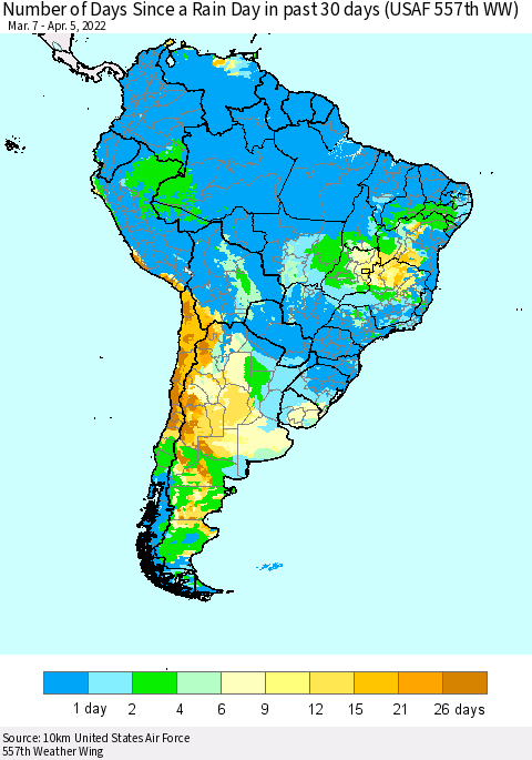 South America Number of Days Since a Rain Day in past 30 days (USAF 557th WW) Thematic Map For 4/1/2022 - 4/5/2022
