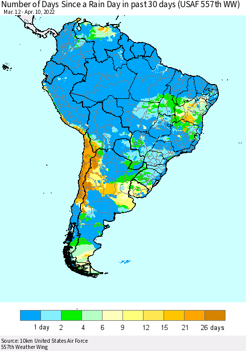 South America Number of Days Since a Rain Day in past 30 days (USAF 557th WW) Thematic Map For 4/6/2022 - 4/10/2022
