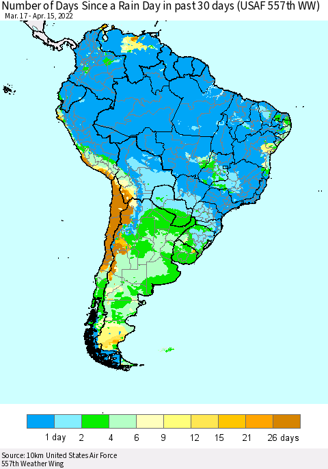 South America Number of Days Since a Rain Day in past 30 days (USAF 557th WW) Thematic Map For 4/11/2022 - 4/15/2022