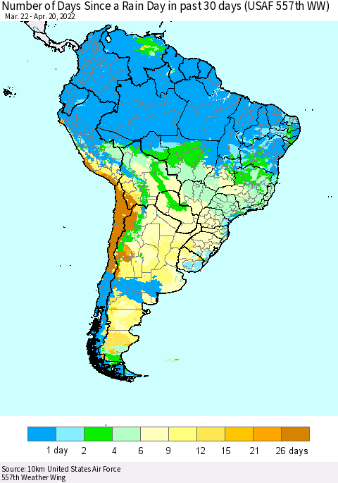 South America Number of Days Since a Rain Day in past 30 days (USAF 557th WW) Thematic Map For 4/16/2022 - 4/20/2022
