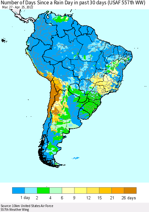 South America Number of Days Since a Rain Day in past 30 days (USAF 557th WW) Thematic Map For 4/21/2022 - 4/25/2022
