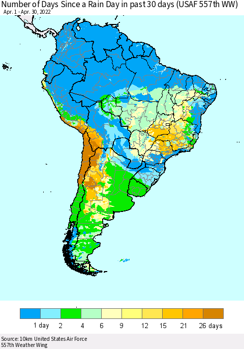 South America Number of Days Since a Rain Day in past 30 days (USAF 557th WW) Thematic Map For 4/26/2022 - 4/30/2022