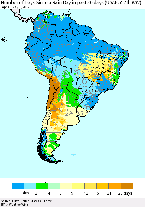 South America Number of Days Since a Rain Day in past 30 days (USAF 557th WW) Thematic Map For 5/1/2022 - 5/5/2022
