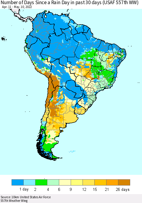 South America Number of Days Since a Rain Day in past 30 days (USAF 557th WW) Thematic Map For 5/6/2022 - 5/10/2022