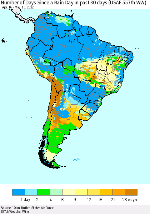 South America Number of Days Since a Rain Day in past 30 days (USAF 557th WW) Thematic Map For 5/11/2022 - 5/15/2022