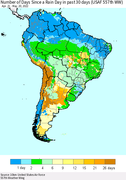 South America Number of Days Since a Rain Day in past 30 days (USAF 557th WW) Thematic Map For 5/16/2022 - 5/20/2022