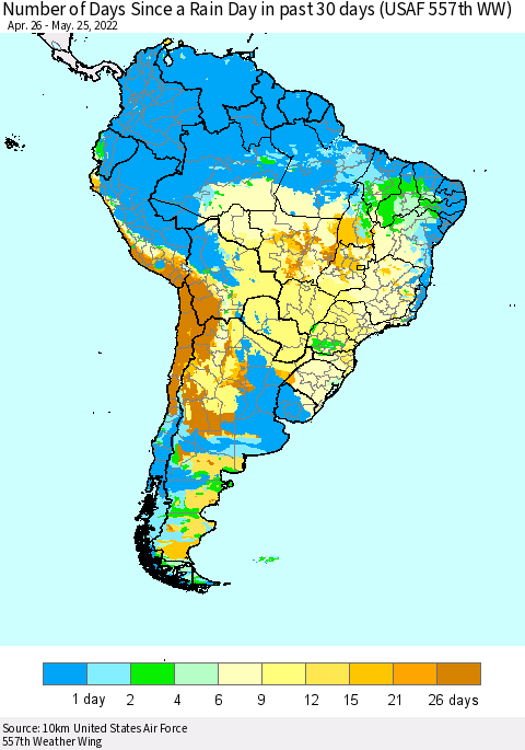 South America Number of Days Since a Rain Day in past 30 days (USAF 557th WW) Thematic Map For 5/21/2022 - 5/25/2022