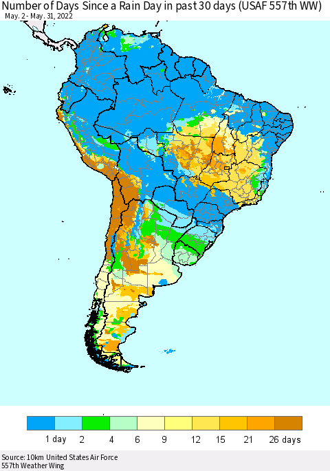 South America Number of Days Since a Rain Day in past 30 days (USAF 557th WW) Thematic Map For 5/26/2022 - 5/31/2022