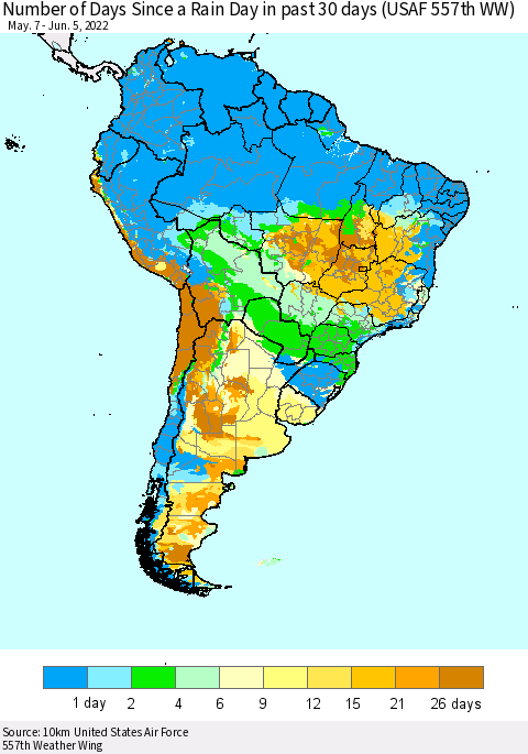 South America Number of Days Since a Rain Day in past 30 days (USAF 557th WW) Thematic Map For 6/1/2022 - 6/5/2022