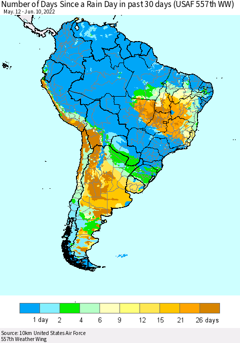 South America Number of Days Since a Rain Day in past 30 days (USAF 557th WW) Thematic Map For 6/6/2022 - 6/10/2022