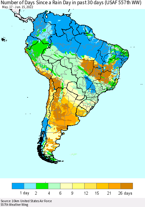 South America Number of Days Since a Rain Day in past 30 days (USAF 557th WW) Thematic Map For 6/11/2022 - 6/15/2022