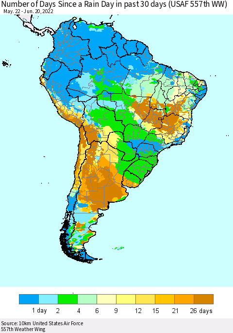 South America Number of Days Since a Rain Day in past 30 days (USAF 557th WW) Thematic Map For 6/16/2022 - 6/20/2022