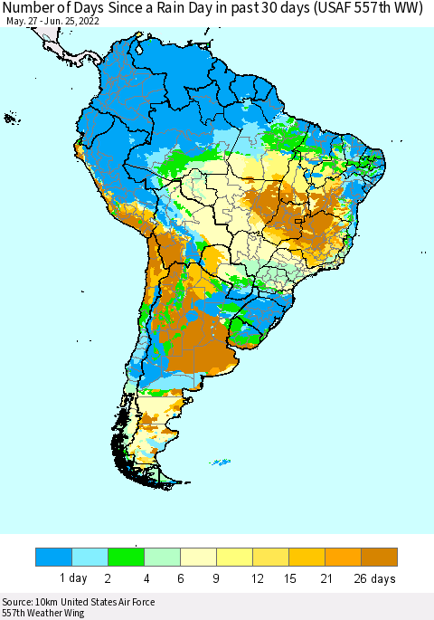 South America Number of Days Since a Rain Day in past 30 days (USAF 557th WW) Thematic Map For 6/21/2022 - 6/25/2022