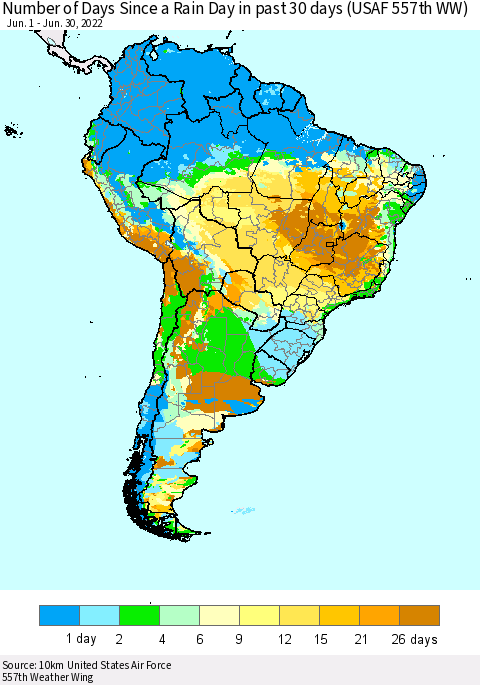 South America Number of Days Since a Rain Day in past 30 days (USAF 557th WW) Thematic Map For 6/26/2022 - 6/30/2022