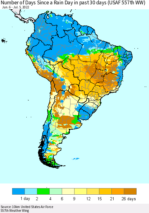 South America Number of Days Since a Rain Day in past 30 days (USAF 557th WW) Thematic Map For 7/1/2022 - 7/5/2022