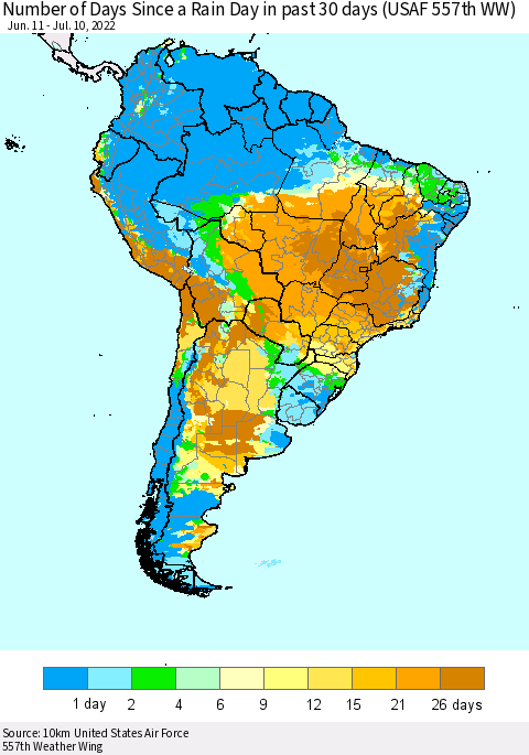 South America Number of Days Since a Rain Day in past 30 days (USAF 557th WW) Thematic Map For 7/6/2022 - 7/10/2022