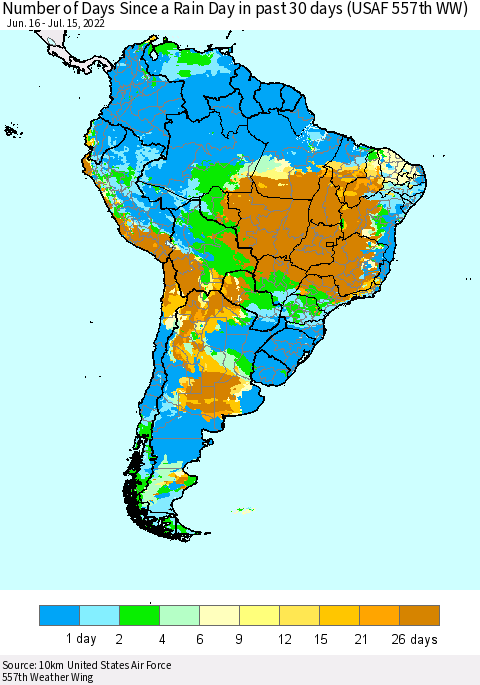 South America Number of Days Since a Rain Day in past 30 days (USAF 557th WW) Thematic Map For 7/11/2022 - 7/15/2022