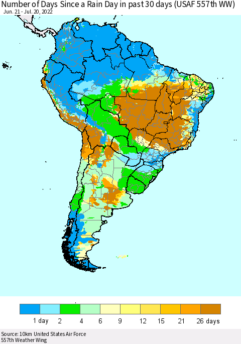 South America Number of Days Since a Rain Day in past 30 days (USAF 557th WW) Thematic Map For 7/16/2022 - 7/20/2022