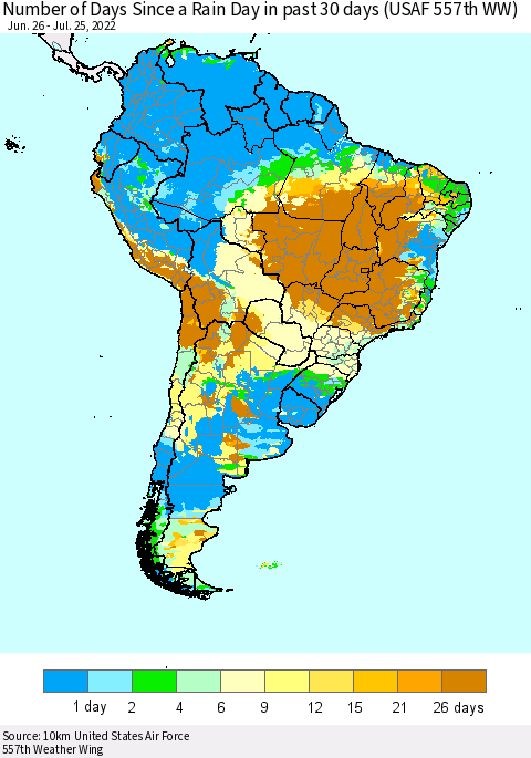 South America Number of Days Since a Rain Day in past 30 days (USAF 557th WW) Thematic Map For 7/21/2022 - 7/25/2022