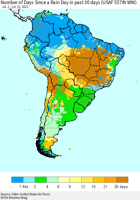 South America Number of Days Since a Rain Day in past 30 days (USAF 557th WW) Thematic Map For 7/26/2022 - 7/31/2022