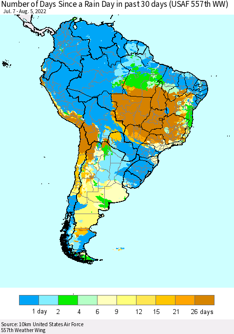 South America Number of Days Since a Rain Day in past 30 days (USAF 557th WW) Thematic Map For 8/1/2022 - 8/5/2022