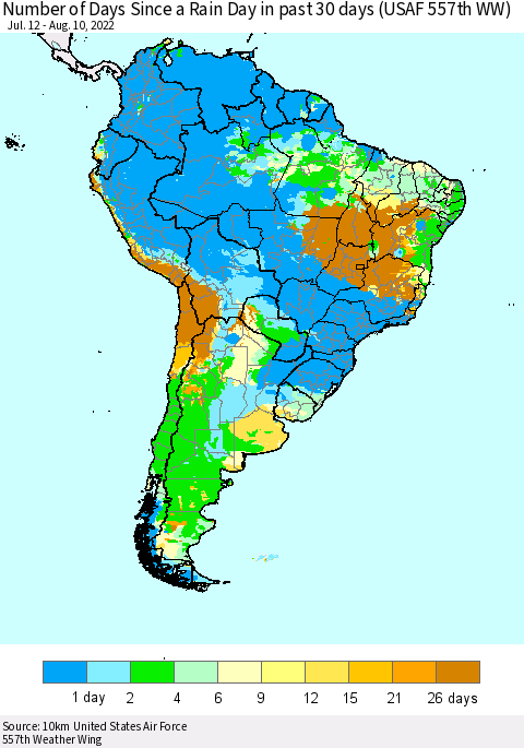 South America Number of Days Since a Rain Day in past 30 days (USAF 557th WW) Thematic Map For 8/6/2022 - 8/10/2022