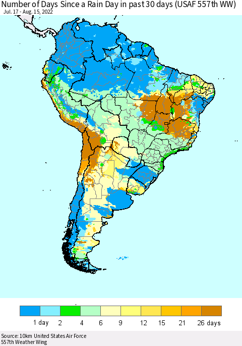 South America Number of Days Since a Rain Day in past 30 days (USAF 557th WW) Thematic Map For 8/11/2022 - 8/15/2022