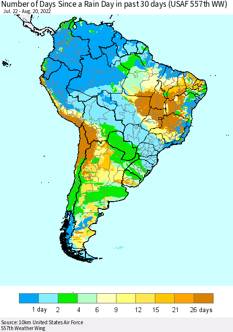 South America Number of Days Since a Rain Day in past 30 days (USAF 557th WW) Thematic Map For 8/16/2022 - 8/20/2022