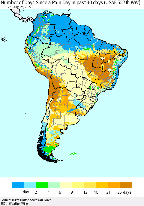 South America Number of Days Since a Rain Day in past 30 days (USAF 557th WW) Thematic Map For 8/21/2022 - 8/25/2022