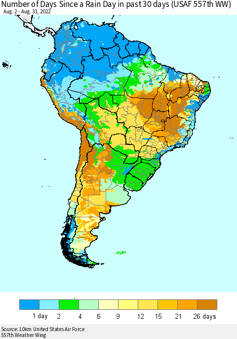 South America Number of Days Since a Rain Day in past 30 days (USAF 557th WW) Thematic Map For 8/26/2022 - 8/31/2022