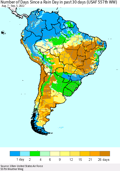 South America Number of Days Since a Rain Day in past 30 days (USAF 557th WW) Thematic Map For 9/1/2022 - 9/5/2022