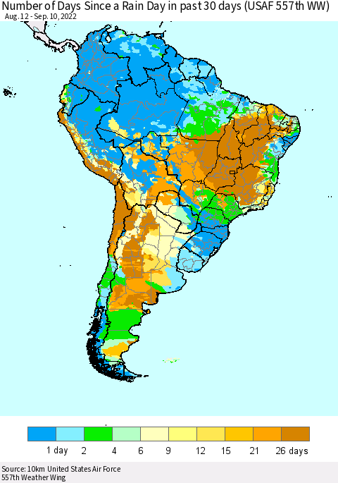 South America Number of Days Since a Rain Day in past 30 days (USAF 557th WW) Thematic Map For 9/6/2022 - 9/10/2022