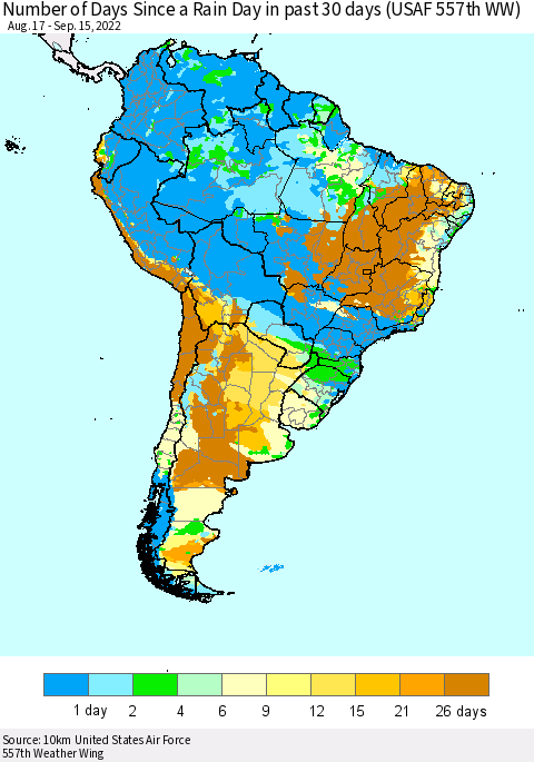 South America Number of Days Since a Rain Day in past 30 days (USAF 557th WW) Thematic Map For 9/11/2022 - 9/15/2022