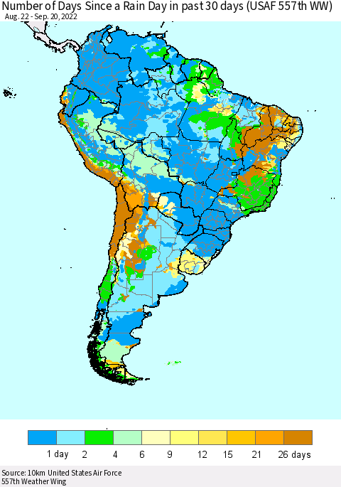 South America Number of Days Since a Rain Day in past 30 days (USAF 557th WW) Thematic Map For 9/16/2022 - 9/20/2022