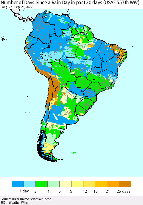 South America Number of Days Since a Rain Day in past 30 days (USAF 557th WW) Thematic Map For 9/21/2022 - 9/25/2022