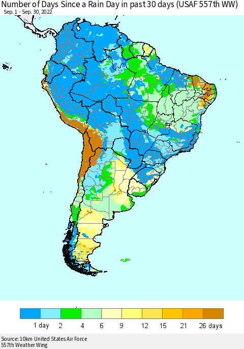 South America Number of Days Since a Rain Day in past 30 days (USAF 557th WW) Thematic Map For 9/26/2022 - 9/30/2022