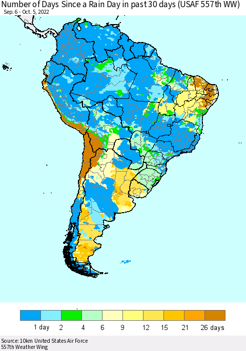 South America Number of Days Since a Rain Day in past 30 days (USAF 557th WW) Thematic Map For 10/1/2022 - 10/5/2022