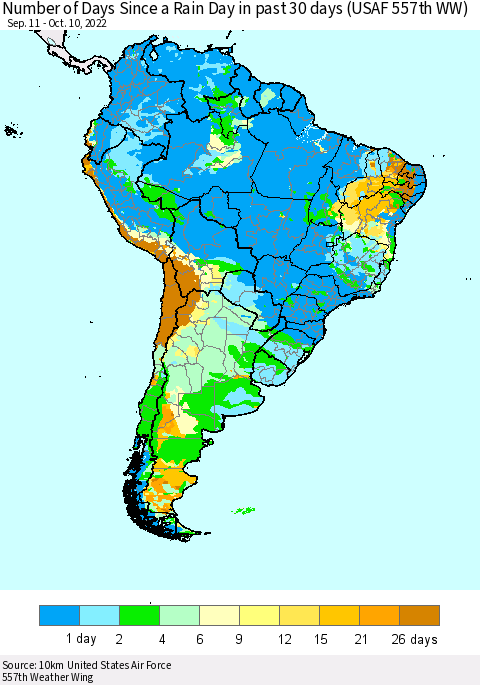 South America Number of Days Since a Rain Day in past 30 days (USAF 557th WW) Thematic Map For 10/6/2022 - 10/10/2022