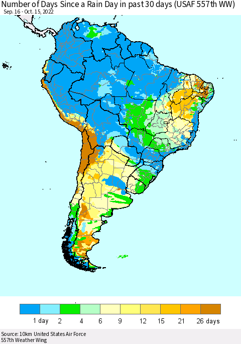 South America Number of Days Since a Rain Day in past 30 days (USAF 557th WW) Thematic Map For 10/11/2022 - 10/15/2022