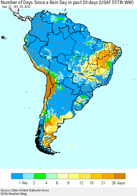South America Number of Days Since a Rain Day in past 30 days (USAF 557th WW) Thematic Map For 10/16/2022 - 10/20/2022