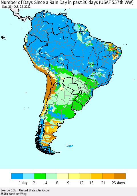 South America Number of Days Since a Rain Day in past 30 days (USAF 557th WW) Thematic Map For 10/21/2022 - 10/25/2022