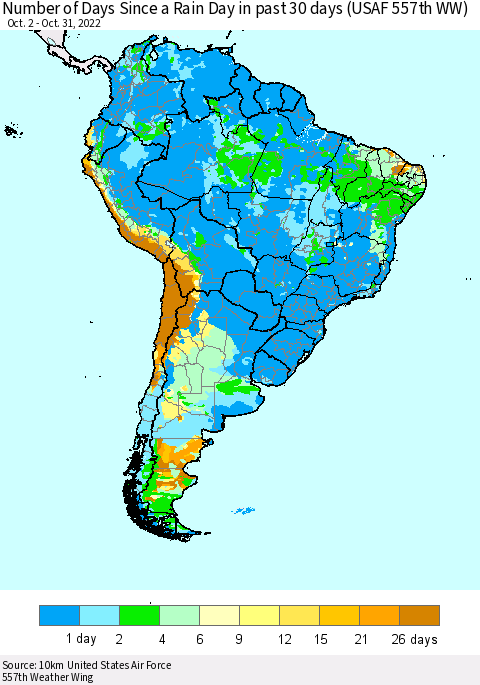 South America Number of Days Since a Rain Day in past 30 days (USAF 557th WW) Thematic Map For 10/26/2022 - 10/31/2022