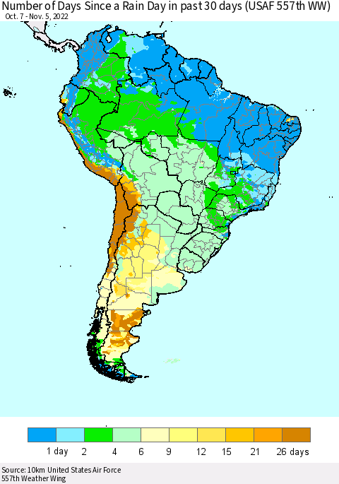 South America Number of Days Since a Rain Day in past 30 days (USAF 557th WW) Thematic Map For 11/1/2022 - 11/5/2022