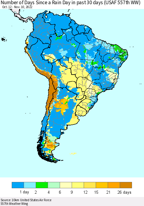 South America Number of Days Since a Rain Day in past 30 days (USAF 557th WW) Thematic Map For 11/6/2022 - 11/10/2022