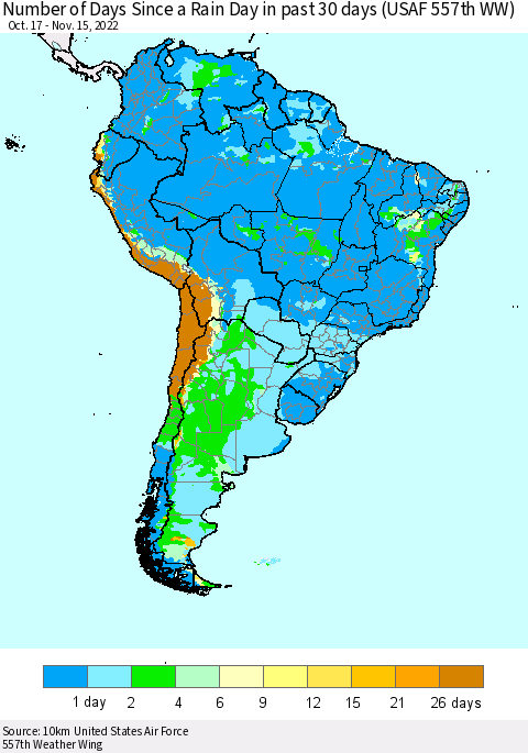 South America Number of Days Since a Rain Day in past 30 days (USAF 557th WW) Thematic Map For 11/11/2022 - 11/15/2022